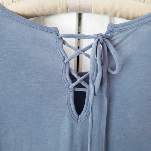 NWT, mote, Blue T Shirt Top, S, Modern Silhouette, Peplum, Lace up Back with Tie - Picture 3 of 6